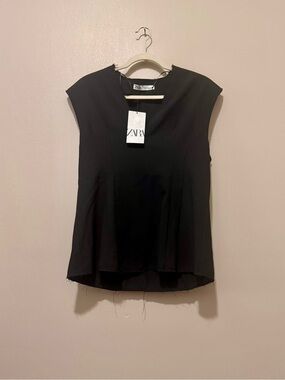 Zara Black Cap-Sleeve Tailored Blouse